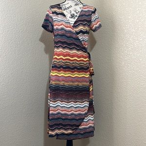 Patterned Multi Color V-Neck Wrap Midi Dress